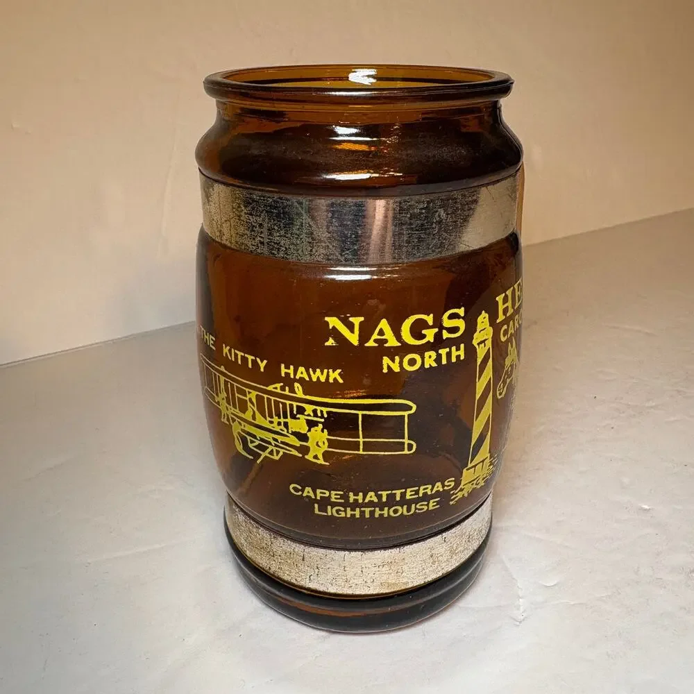 Vintage Nags Head North Carolina Souvenir Brown Glass Barrel Mug Wood Handle